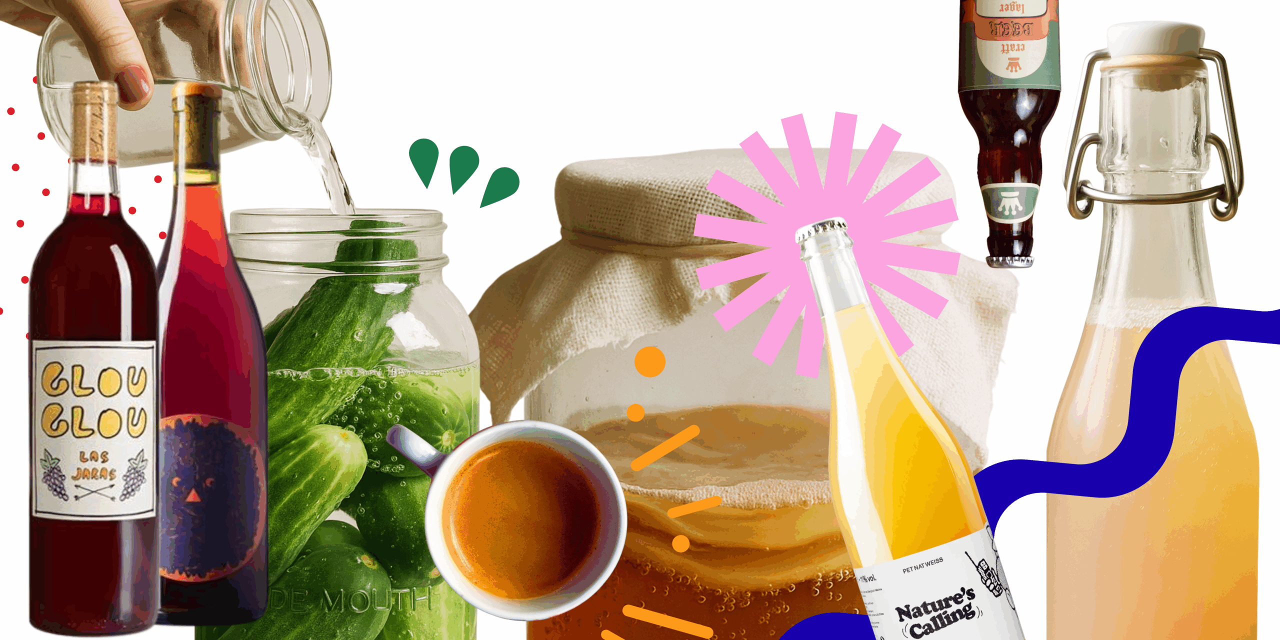 Natural wine, ferments, coffee and fizz collage — Big Sips hero